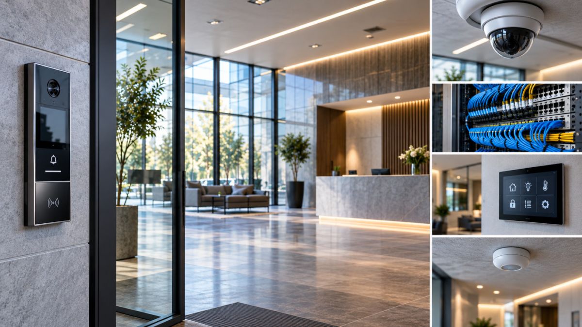Ambiente direzionale moderno con sistemi elettrici speciali integrati: videocitofono e controllo accessi, videosorveglianza, cablaggio strutturato, pannello domotico e sensori per sicurezza, comunicazione e automazione dell’edificio.