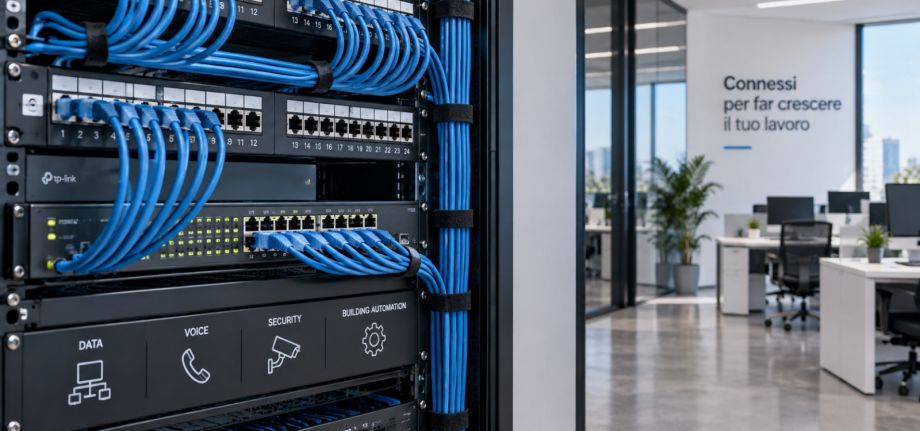 Rack di rete professionale con cablaggio strutturato, patch panel e switch per la distribuzione dei dati in un moderno ambiente direzionale, progettato per garantire connettività stabile, ordinata e scalabile.