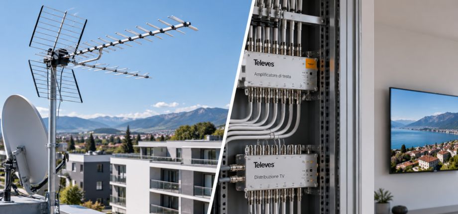 Impianto TV centralizzato con antenna, parabola e sistema di distribuzione del segnale per edifici residenziali.