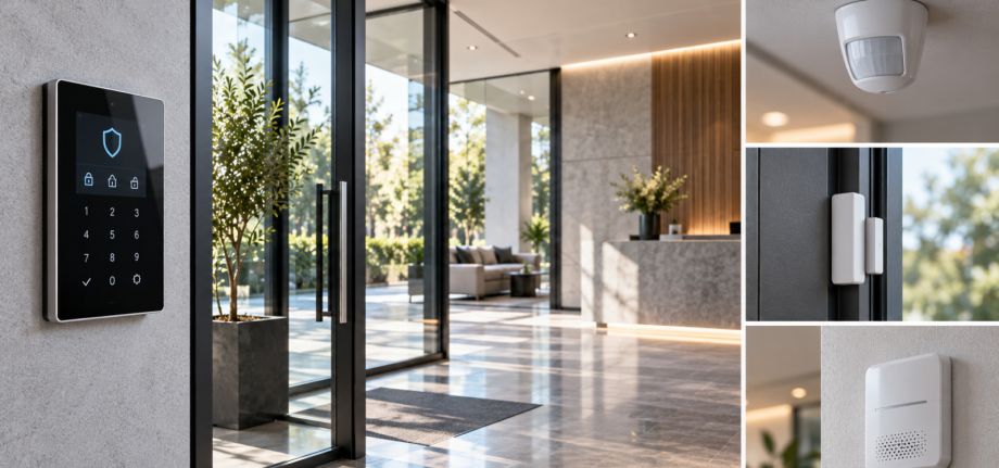 Sistema antintrusione con tastiera di controllo, sensori di movimento e contatti per porte e finestre in un ambiente moderno.