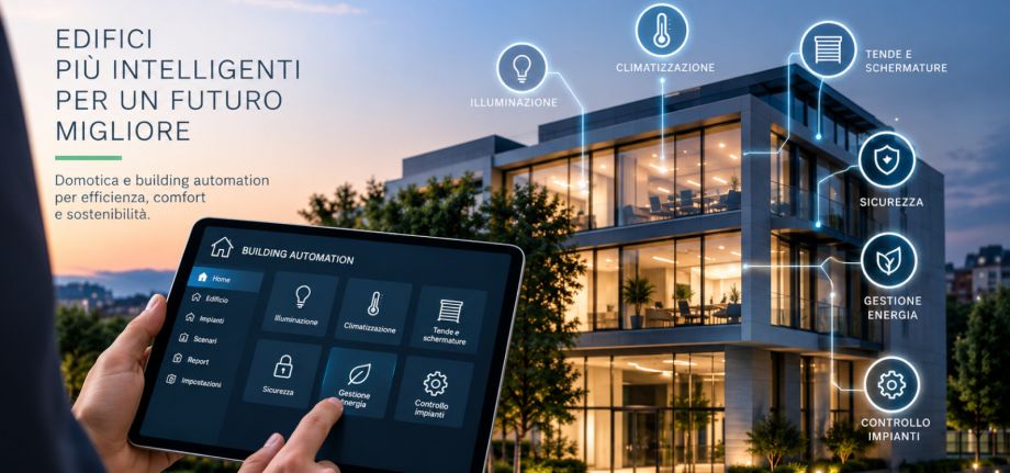 Edificio moderno dotato di sistemi di domotica e building automation, con tablet per il controllo centralizzato di illuminazione, climatizzazione, schermature, sicurezza, energia e impianti.
