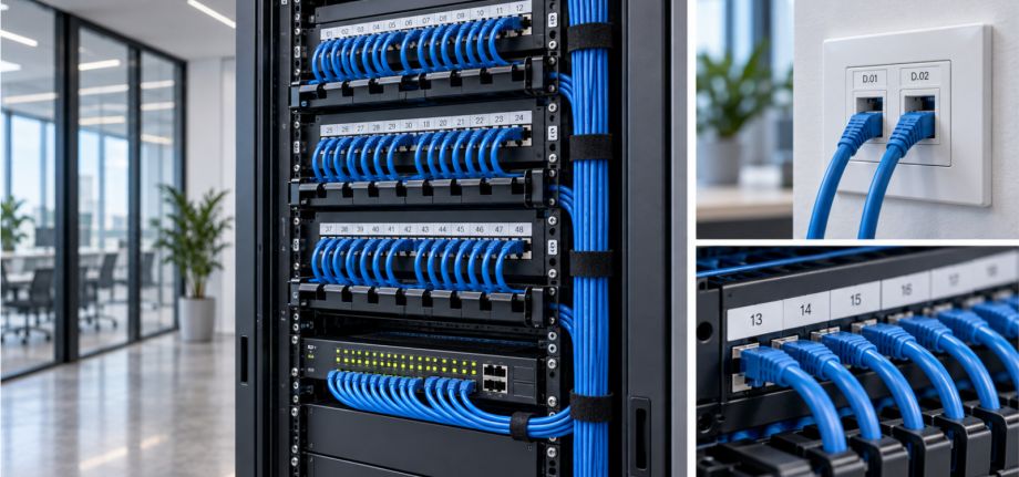 Cablaggio strutturato con rack di rete, patch panel e prese dati in ambiente direzionale.