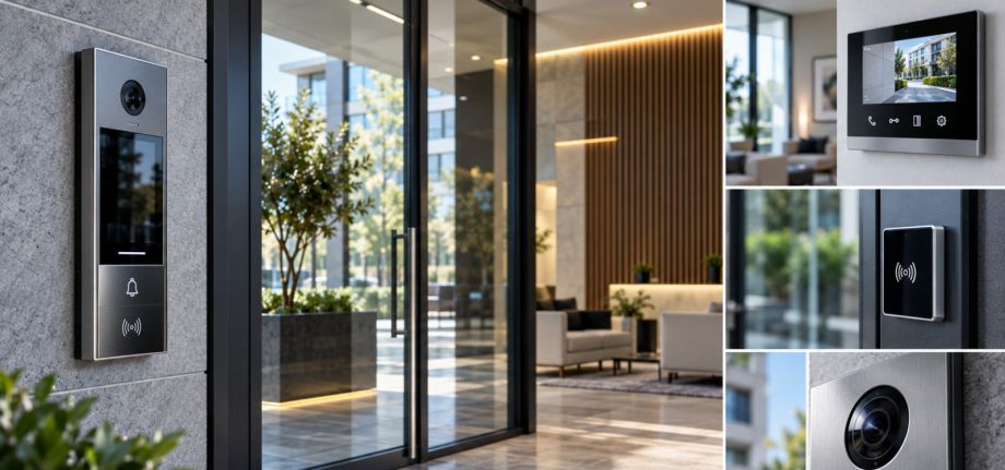 Videocitofono e sistema di controllo accessi installati all’ingresso di un edificio moderno, con monitor interno e lettore RFID integrati per garantire sicurezza, affidabilità e gestione degli accessi.
